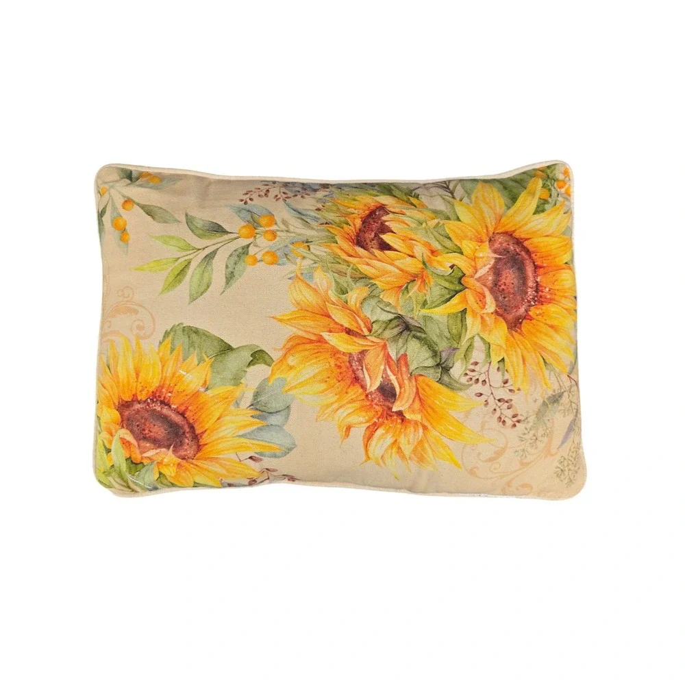 Sunflower Floral Decorative Lumbar Throw Pillow Beige Yellow Rustic Farmhouse